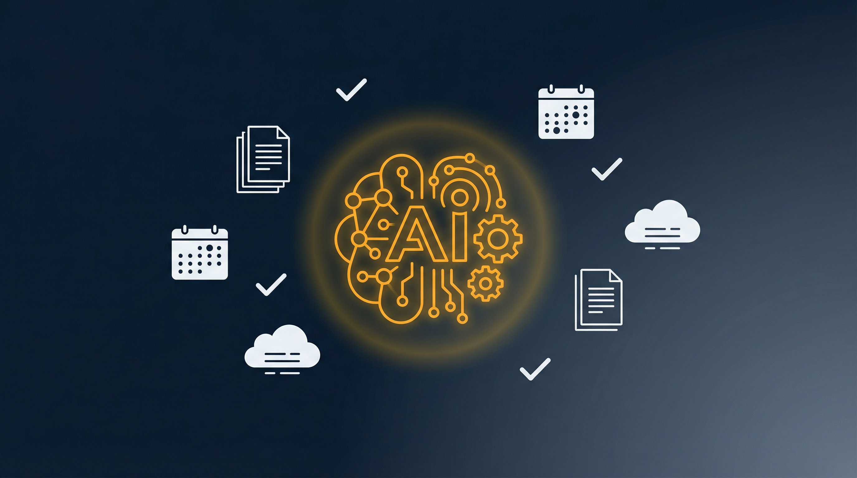 Illustration of virtual assistant with automation and task management symbols