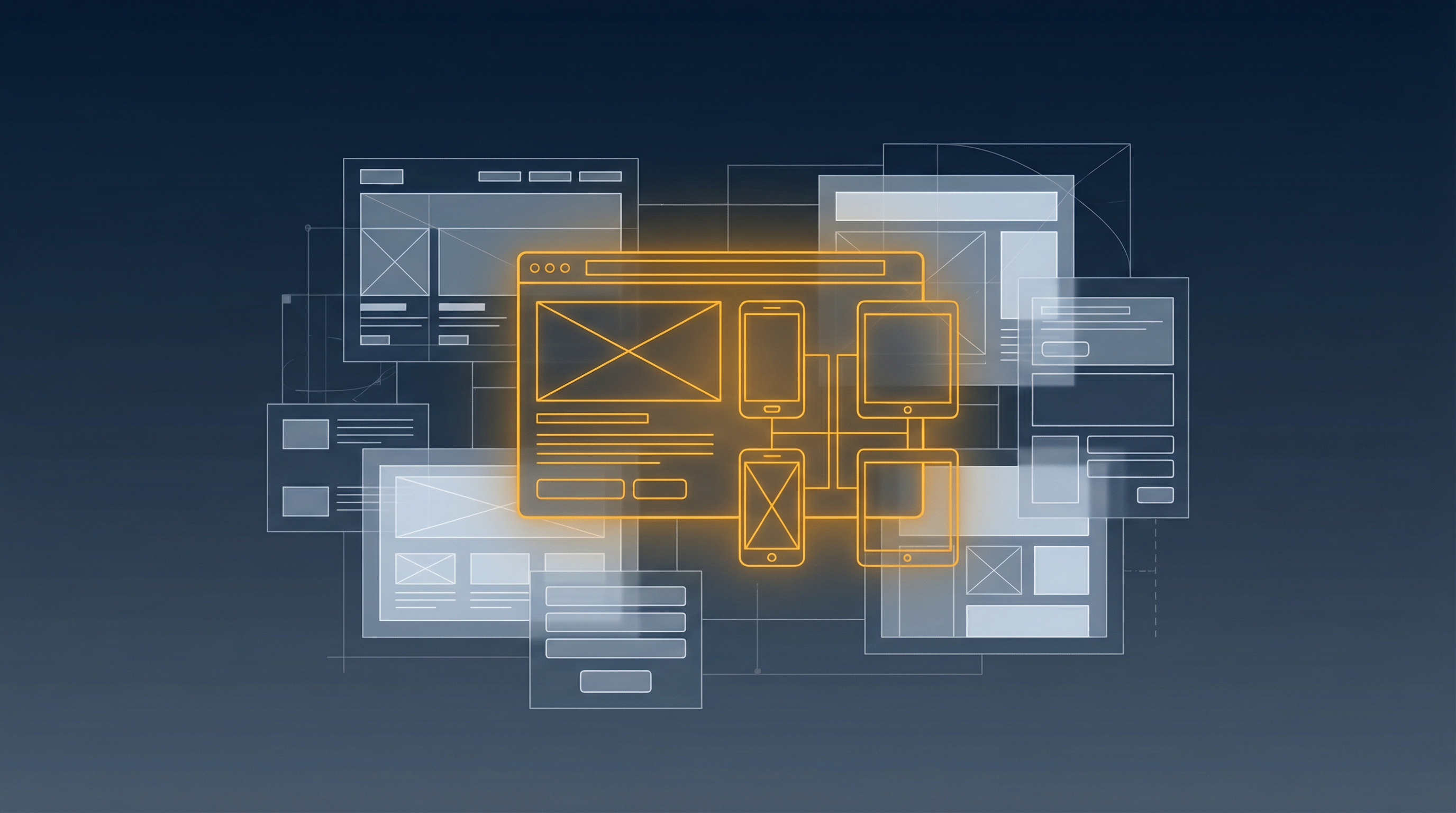 Illustration of web development and landing pages with responsive design elements